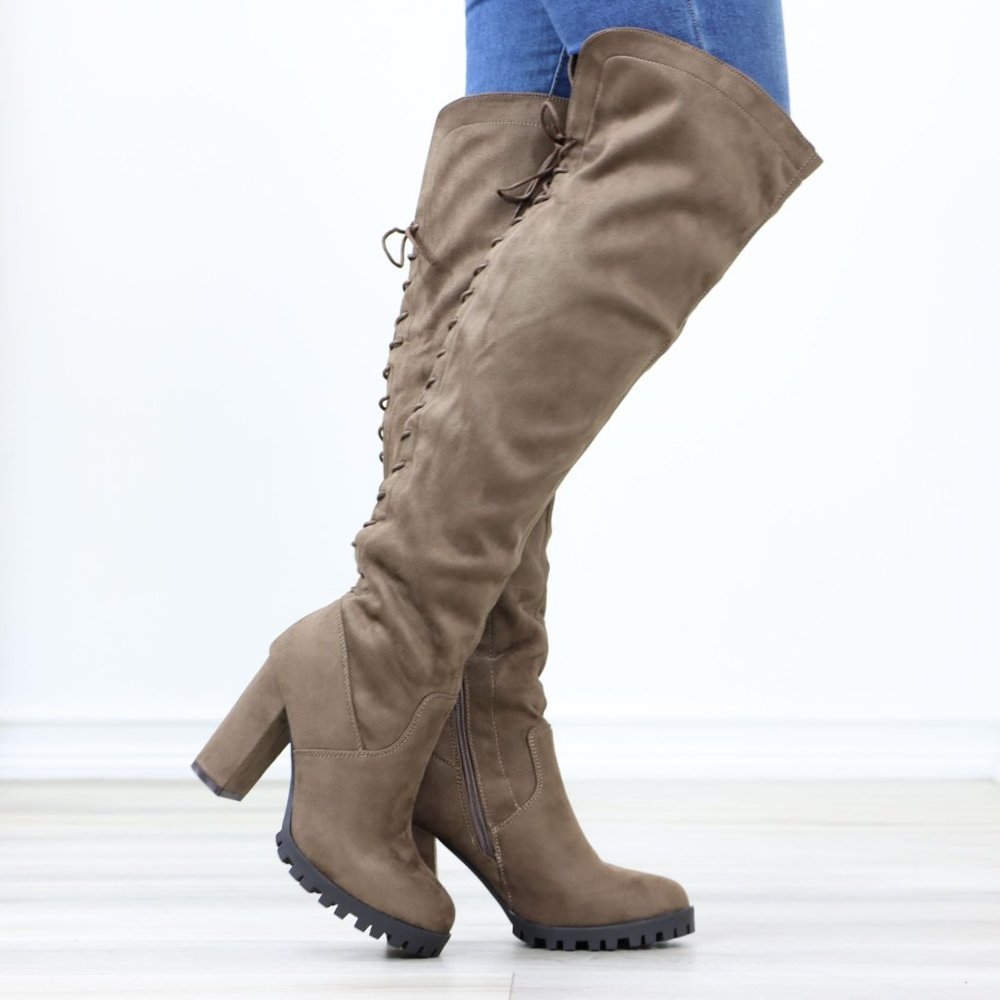 Full Lace-Up Back Taupe Faux Suede Thigh High Over The Knee Lug Block Heeled Boo - Picture 2 of 14